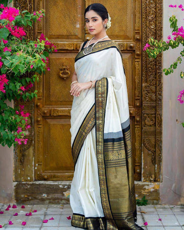 Angelic White Soft Lichi Silk Saree With Devastating Blouse Piece