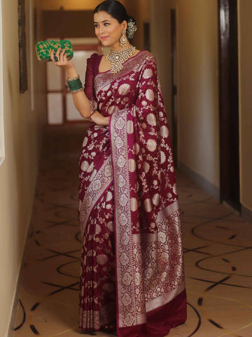 Charming Maroon Soft Banarasi Silk Saree With Beautiful Maroon Blouse Piece BKP-5085