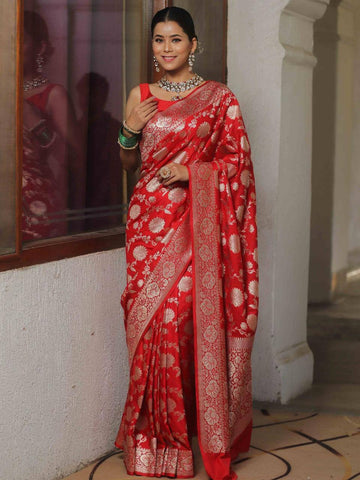 Charming Red Soft Banarasi Silk Saree With Beautiful Red Blouse Piece BKP-5085 Red