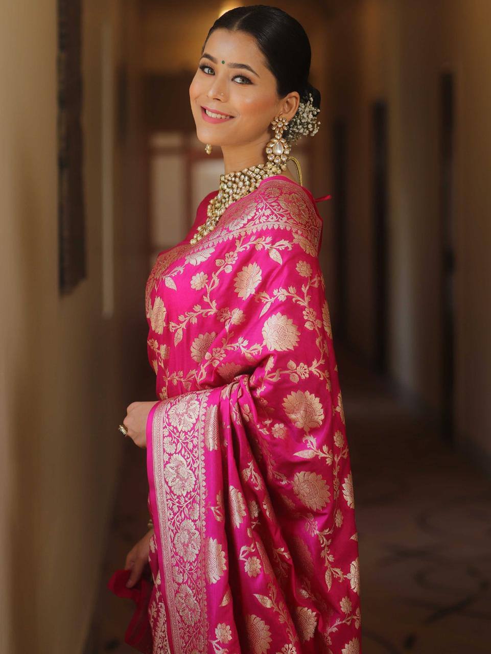 Charming Dark Pink Soft Banarasi Silk Saree With Beautiful Pink Blouse Piece BKP-5085 Pink