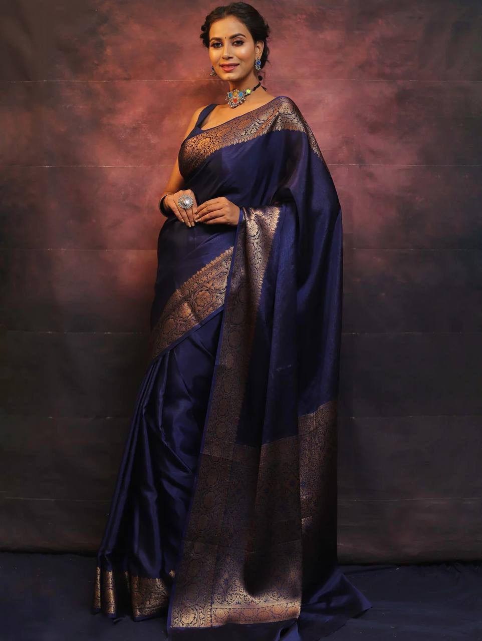 Navy Blue Soft Lichi Silk Saree With Devastating Blouse Piece - BKP - 6009