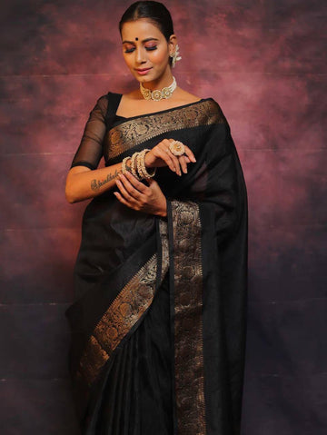 Black Soft Lichi Silk Saree With Devastating Blouse Piece - BKP - 6009