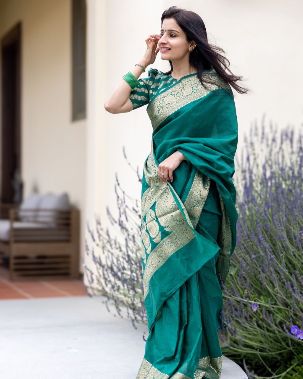 Tremendous Rama Soft Banarasi Silk Saree With Rama Jacquard Blouse Piece - Product Code BMF-1760