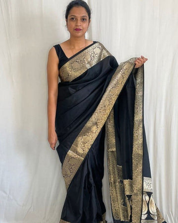 Tremendous Black Soft Banarasi Silk Saree With BlackJacquard Blouse Piece