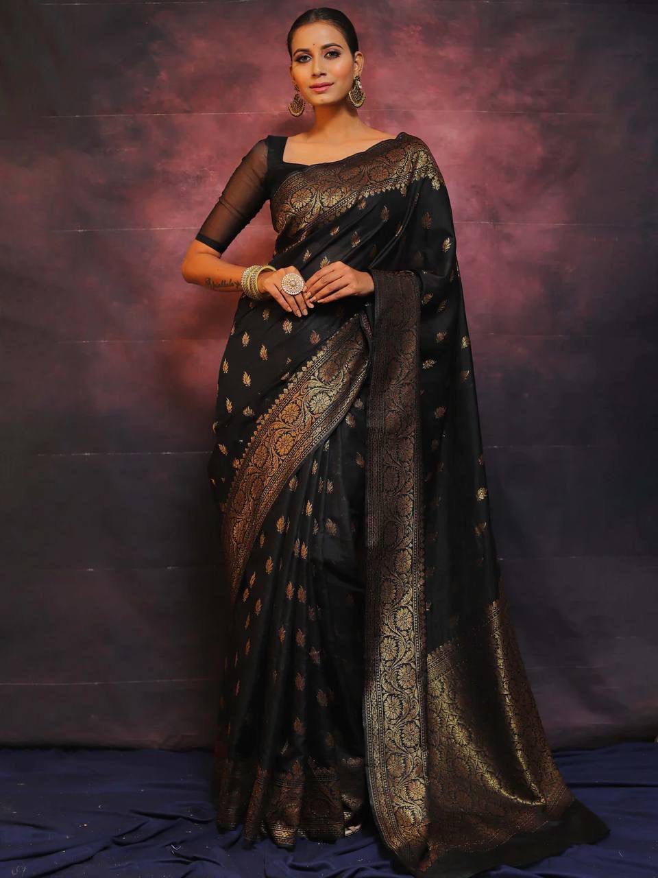 Black Soft Lichi Silk Saree With Devastating Blouse Piece - BKP - 6010