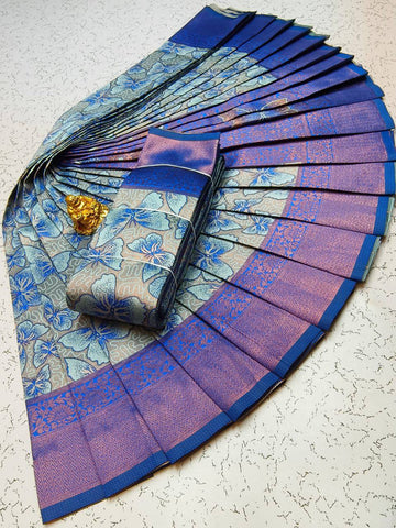 ELITE MEENA Royal Blue Soft Lichi Silk Saree With Blouse Piece