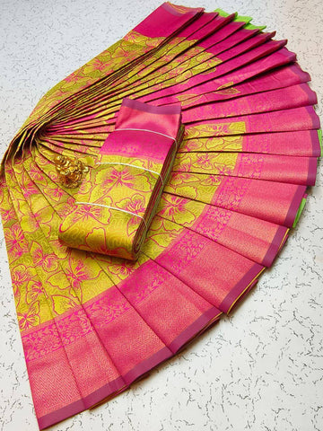 ELITE MEENA Yellow Pink Lichi Silk Saree With Blouse Piece