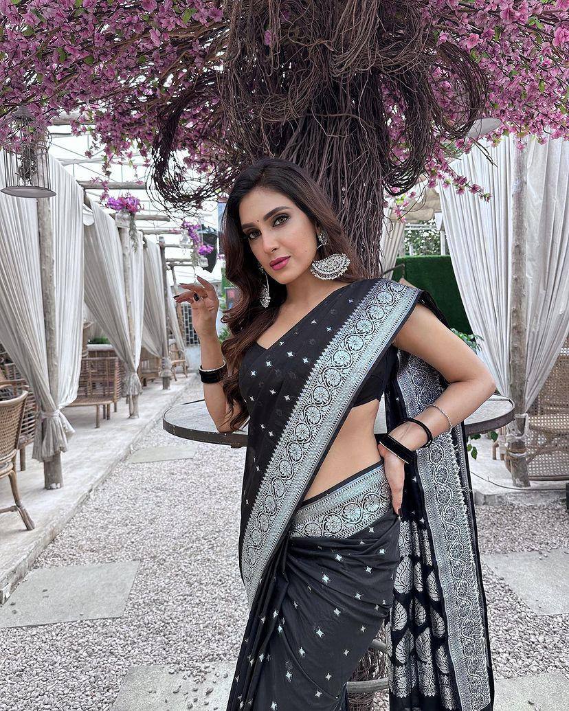 Tara Resham Soft Lichi Silk Black Saree Silver Zari Work With Black Blouse Piece - BSF-598