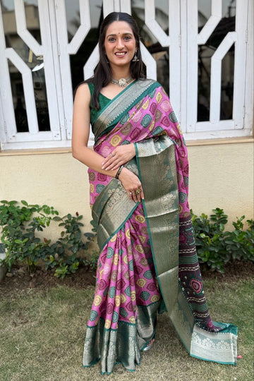 Prestige Premium Dola Silk Lilac Purple Saree and Green Border With Blouse Piece BWW-1811