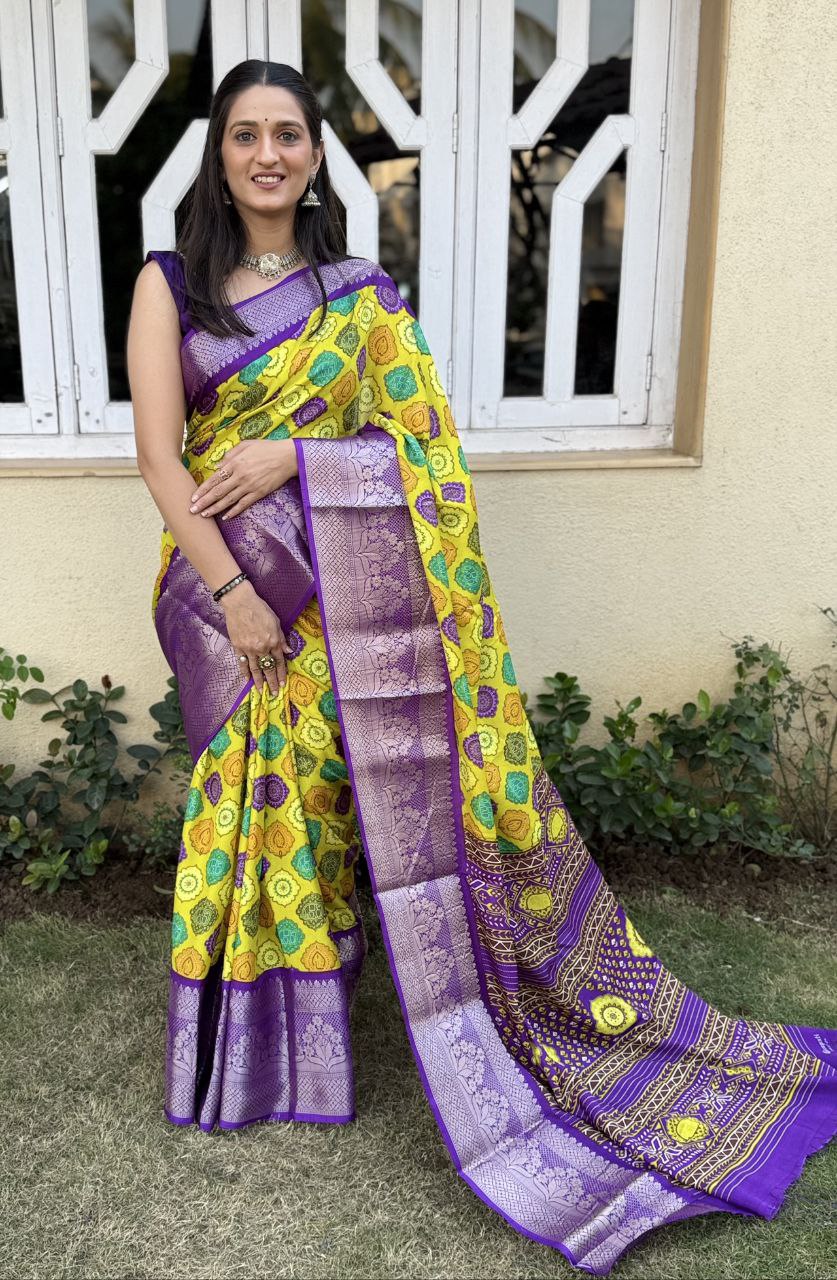 Prestige Premium Dola Silk Yellow Saree and Purple Border With Blouse Piece