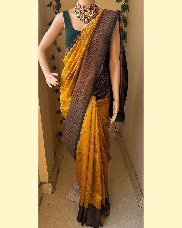 Tara Resham Soft Lichi Silk Yellow Saree With Dark Green Blouse Piece - BSF-658