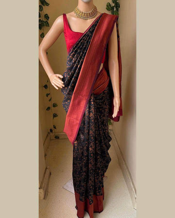 Tara Resham Soft Lichi Silk Black Saree With Red Blouse Piece - BSF-658