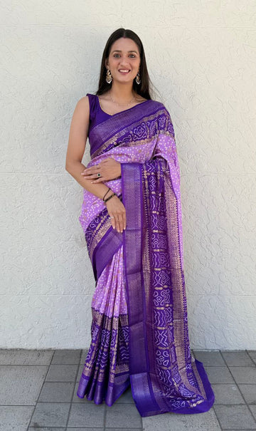 Prestige Premium Dola Silk Purple Foil Work Printed Saree With Blouse Piece BWW-1813 PURPLE