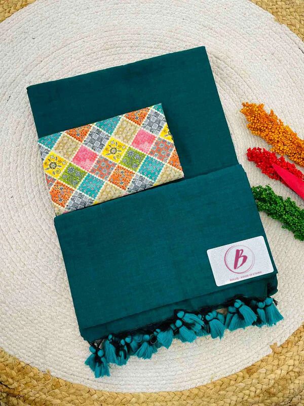 Rama Handloom Cotton Saree With Designer Blouse