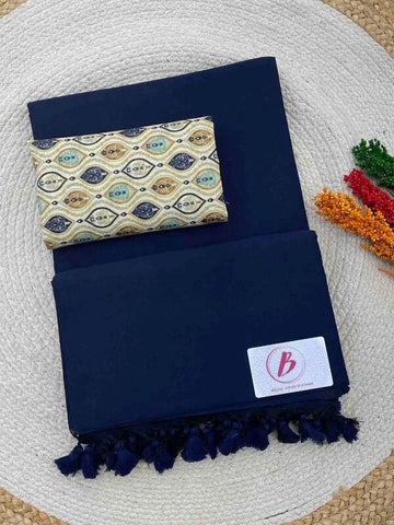 Navy Blue Handloom Cotton Saree With Designer Blouse