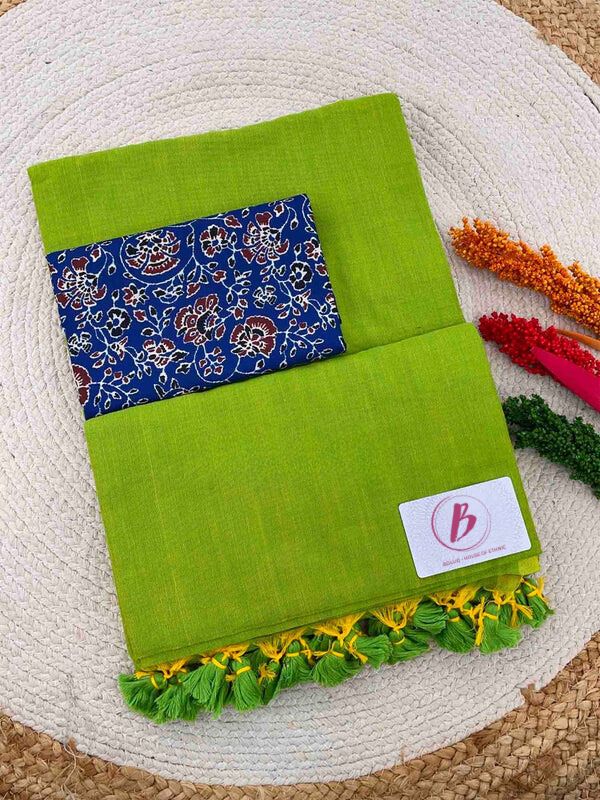 Parrot Green Handloom Cotton Saree With Designer Blouse