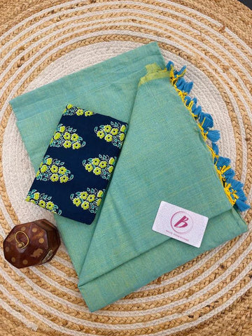 Pistachio Handloom Cotton Saree With Designer Blouse