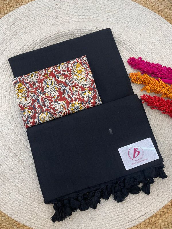 Black Handloom Cotton Saree with Kalamkari Blouse