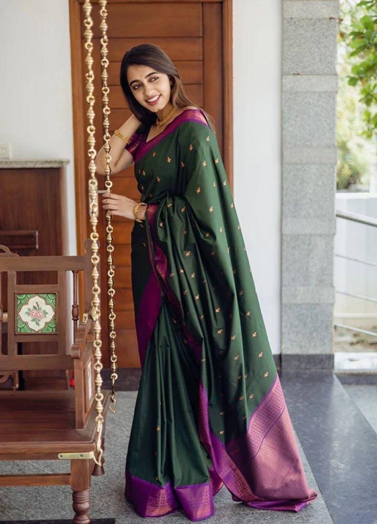 Incredible Dark Green Soft Lichi Silk Saree With Purple Blouse Piece BKS-32