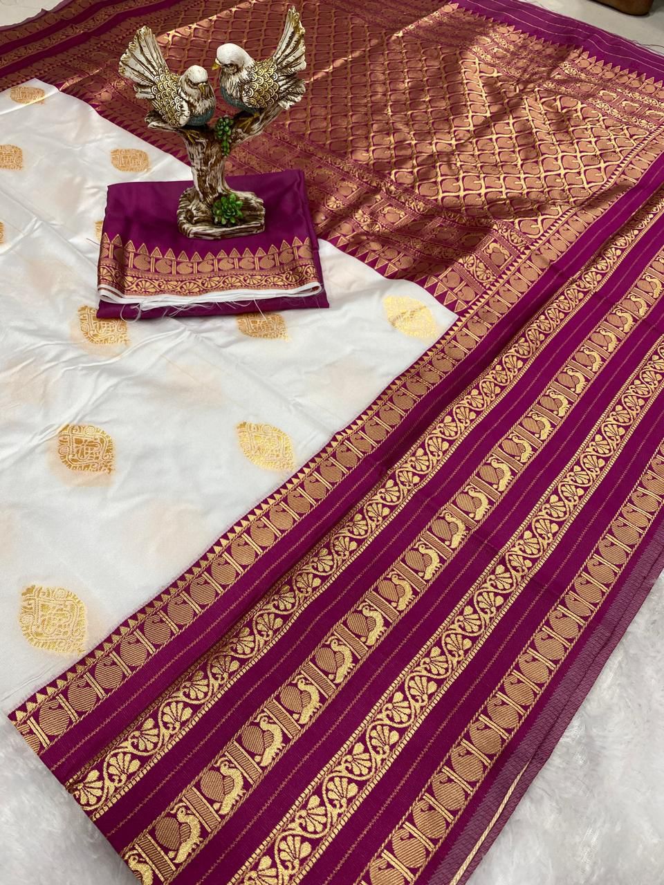 Angelic Bolliq White Soft Lichi Silk Saree With Purple Blouse Piece