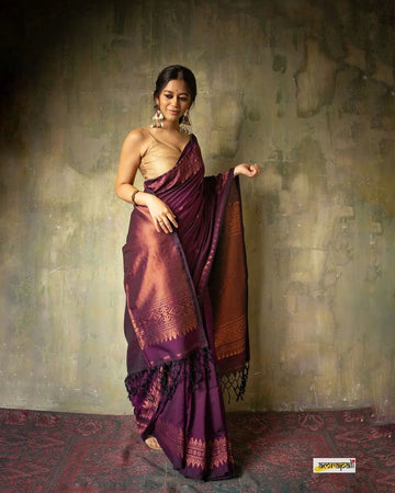 Angelic Bolliq Purple Soft Lichi Silk Saree With  Contrast Blouse Piece