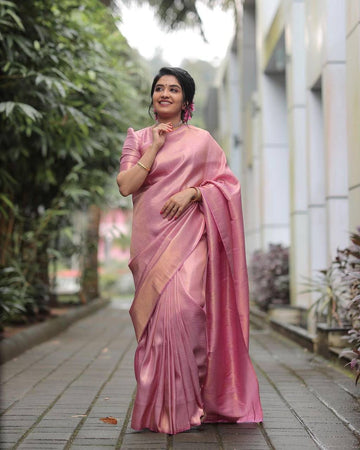 Angelic Bolliq Baby Pink Soft Lichi Silk Saree With Pink Blouse Piece