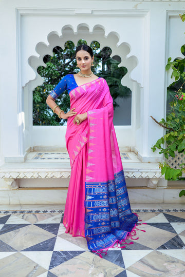 Floral Zari Weave Soft Tusser Silk Saree With Contrast Border Pallu And Blouse Piece BWV-2081