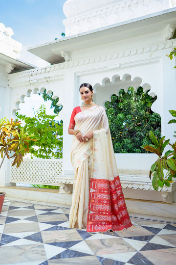 Floral Zari Weave Soft Tusser Silk Saree With Contrast Border Pallu And Blouse Piece BWV-2082