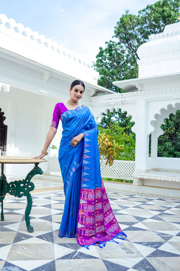 Floral Zari Weave Soft Tusser Silk Saree With Contrast Border Pallu And Blouse Piece BWV-2083