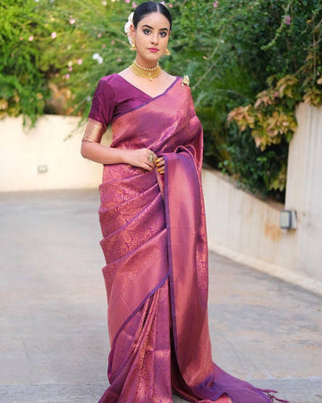 Tremendous Wine Soft Banarasi Silk Saree With Wine Jacquard Blouse Piece