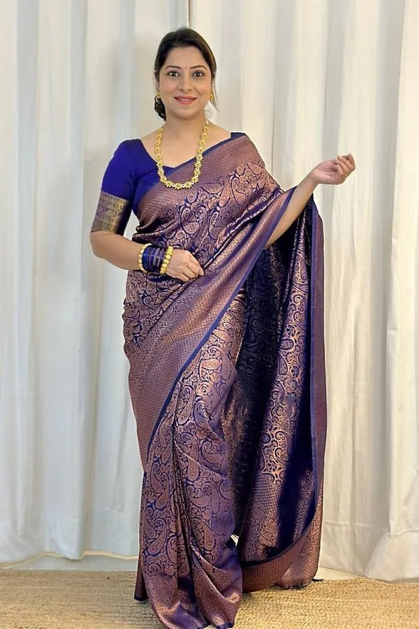 Tremendous Blue Soft Banarasi Silk Saree With Blue Jacquard Blouse Piece